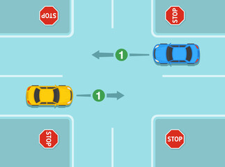 Safe driving tips and traffic regulation rules. Right of way at junction with four way stop sign. Cars are facing each other and traveling straight through the intersection. Flat vector illustration. - obrazy, fototapety, plakaty