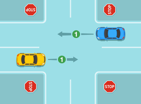 Safe driving tips and traffic regulation rules. Right of way at junction with four way stop sign. Cars are facing each other and traveling straight through the intersection. Flat vector illustration.