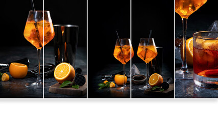 Collage made of Cocktails assortment served on dark background.