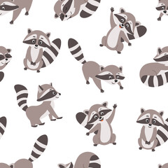 Seamless pattern with Funny cute cartoon raccoon. Vector illustration of small raccoon character isolated on white © Elena