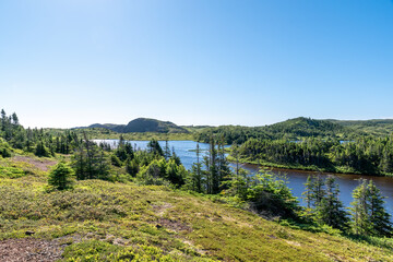 Fototapeta na wymiar A small pond surrounded by green trees and nature greets hikers as they make their way along the trail to Spiller's Cove near Twillingate, Newfoundland.
