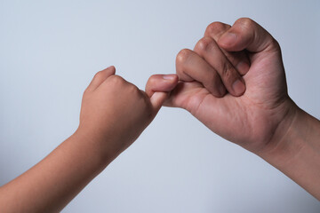 pinkie promise between father and son, isolated on white background, concept father promise