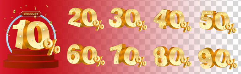 Set of 3D Gold Discount numbers on podium with confetti and box vector. Price off tag design collection. 10%, 20%, 30%, 40%, 50%, 60%, 70%, 80%, 90%, percent and dollar illustration.