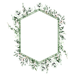 Beautiful Watercolor frame with different green leaves. Illustration