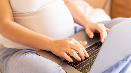 Fototapeta premium Woman holding computer. Mobile pregnancy online maternity notebook application. Pregnant mother using digital laptop. Pregnancy, medicine, pharmaceutics, health care and people concept.