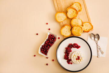 Baked Camembert with cranberries and toasted bread. Top view