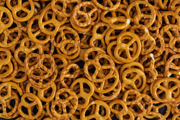 Background of salted pretzel. Top view