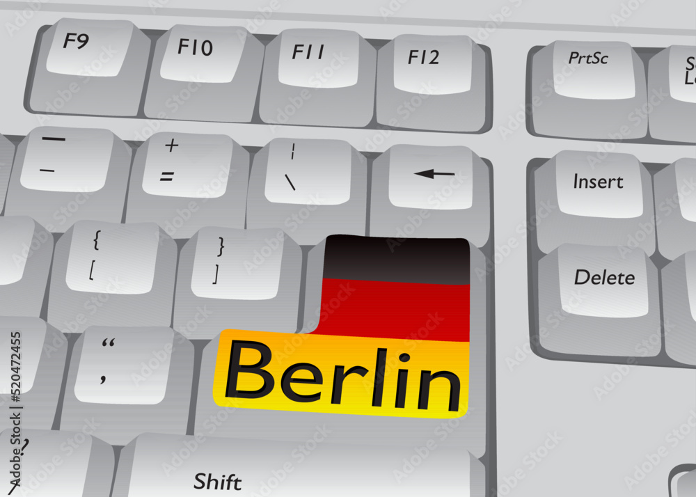 Poster computer keyboard with berlin text. close-up of an electronic computer device part, keypad.