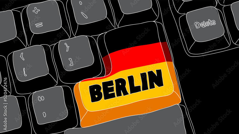 Poster computer keyboard with berlin text. close-up of an electronic computer device part, keypad.