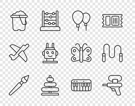 Set line Paint brush, Water gun, Balloons, Pyramid toy, Sand bucket, Robot, Music synthesizer and Jump rope icon. Vector