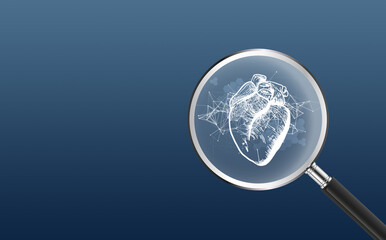 Medical technology and healthcare treatment to diagnose heart disease and cardiovascular system disorders, 3D rendering of a heart hologram inside a magnifying glass.