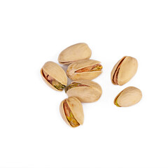 Isolated pistachio nuts. Roasted salted pistachios. Top view