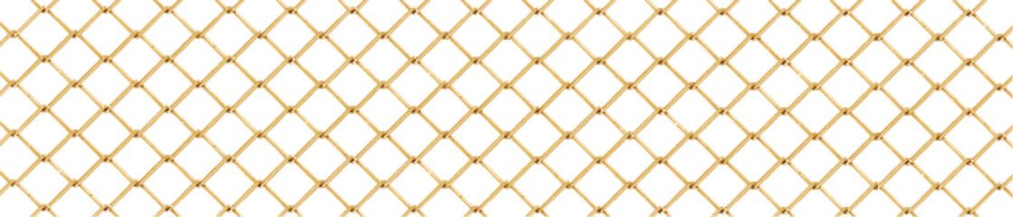 Golden metal fence mesh, pattern of gold wire grid isolated on white background. Vector realistic background with 3d yellow grate for jail enclosure, safety barrier, cage