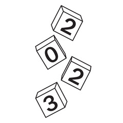 Calendar for Christmas, new year falling cubes with the number 2023, black contour doodle, vector illustration