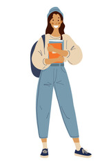 A girl with a backpack holds notebooks and textbooks in her hands. Flat cartoon female college student icon isolated on white background. Back to school, modern schoolgirl in jeans.