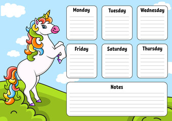 School timetable with magic unicorn. For the education of children. Isolated on a white background. With a cute cartoon character.