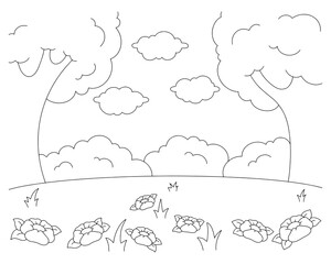 Landscape with trees and flowers. Coloring book page for kids. Cartoon style character. Vector illustration isolated on white background.