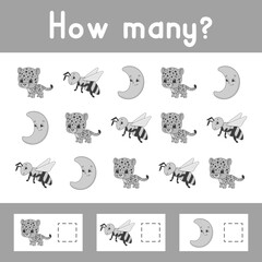 Counting game for children. Happy characters. Learning mathematics. How many object in the picture. Education worksheet. With space for answers. Isolated vector illustration in cute cartoon style.