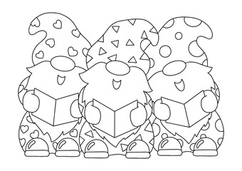 The dwarfs are singing Christmas carols. Coloring book page for kids. Cartoon style character. Vector illustration isolated on white background.