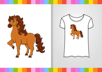 T-shirt design. Cute horse. Farm animal. Cute character on shirt. Hand drawn. Colorful vector illustration. Coon style. Isolated on white background.