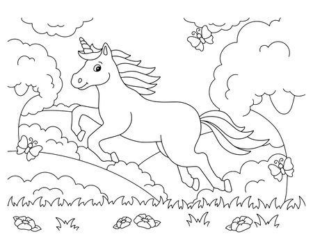 Coloring book page for kids. The unicorn jumps across the clearing. Cartoon style character. Vector illustration isolated on white background.