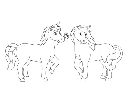 Loving unicorns. Coloring book page for kids. Cartoon style character. Vector illustration isolated on white background.