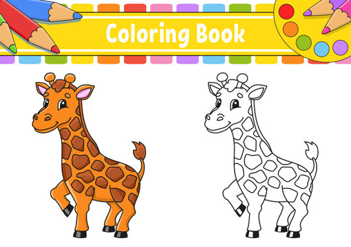 Coloring book for kids. Giraffe animal. Coon character. Vector illustration. Black contour silhouette. Isolated on white background.