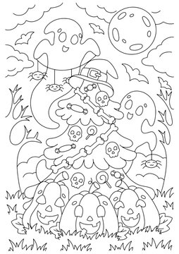 Cheerful ghosts decorate the halloween tree. Coloring book page for kids. Cartoon style character. Vector illustration isolated on white background.