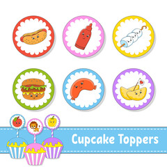 Cupcake Toppers. Set of six round pictures. Barbecue theme. cartoon characters. Cute image. For birthday, baby shower.
