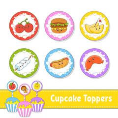 Fototapeta premium Cupcake Toppers. Set of six round pictures. Barbecue theme. cartoon characters. Cute image. For birthday, baby shower.