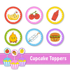 Cupcake Toppers. Set of six round pictures. Barbecue theme. cartoon characters. Cute image. For birthday, baby shower.