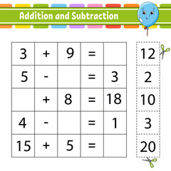 Addition and subtraction. Task for kids. Cut and paste. Education developing worksheet. Activity page. Game for children. Funny character. Isolated vector illustration. cartoon style.
