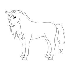 Coloring page for kids unicorn. Digital stamp. Cartoon style character. Vector illustration isolated on white background.