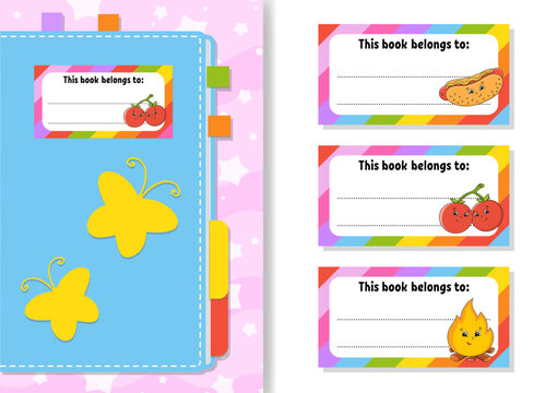 Book label stickers for kids. The rectangular shape. Isolated color vector illustration. cartoon character. For the diary, notebook, book.