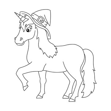 Unicorn in a hat. Magic fairy horse. Halloween theme. Coloring book page for kids. Cartoon style. Vector illustration isolated on white background.