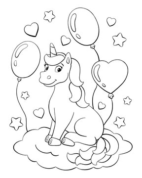 Gift color greeting card. The unicorn sits on a cloud with balloons. Coloring book page for kids. Birthday theme. Flat style. Vector illustration.