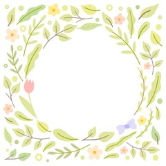 Frame with a round cutout of leaves, branches, flovers and bow. Isolated on white. Sweet flat style illustration. 