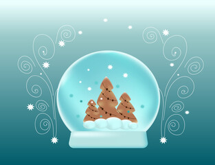 Realistic 3d render snow globe with  Christmas trees.  Vector modern background.