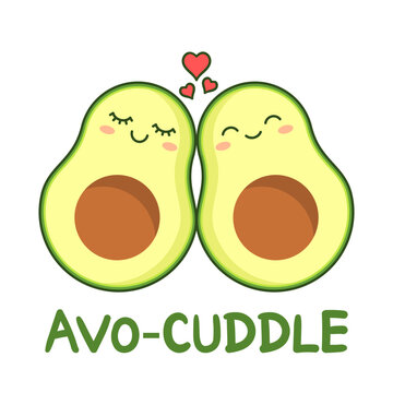 Avocuddle pun. Two cute avocados cuddling. Cartoon avocado couple in love cuddle with text AVO-CUDDLE. Kawaii avocados. Greeting card, T shirt, design element. Vector illustration, flat, clip art. 