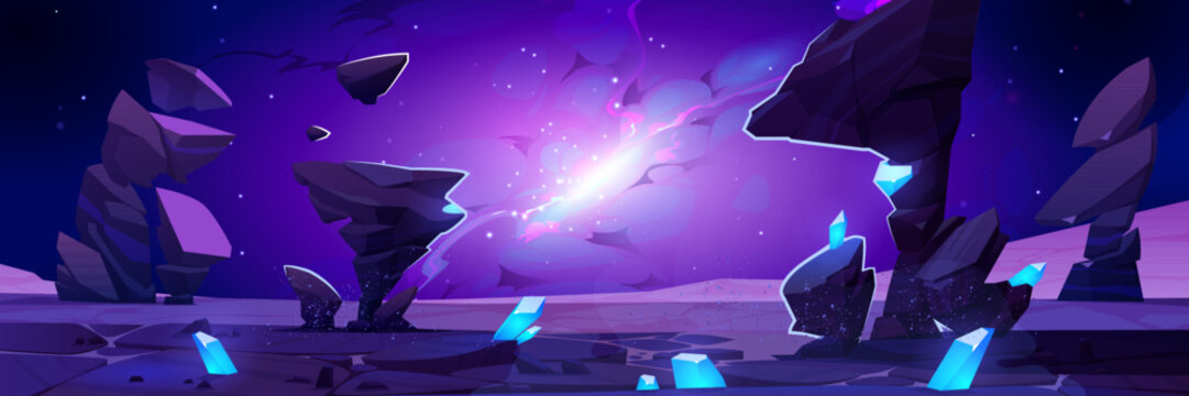 Fantastic game background with alien planet and blast in sky. Vector cartoon illustration of rock landscape with blue crystals, flying stones, stars and explosion in night sky