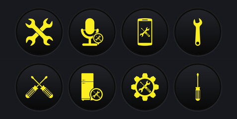 Set Crossed screwdrivers, Wrench, Refrigerator service, and in gear, Smartphone, Microphone, Screwdriver and wrenchs icon. Vector