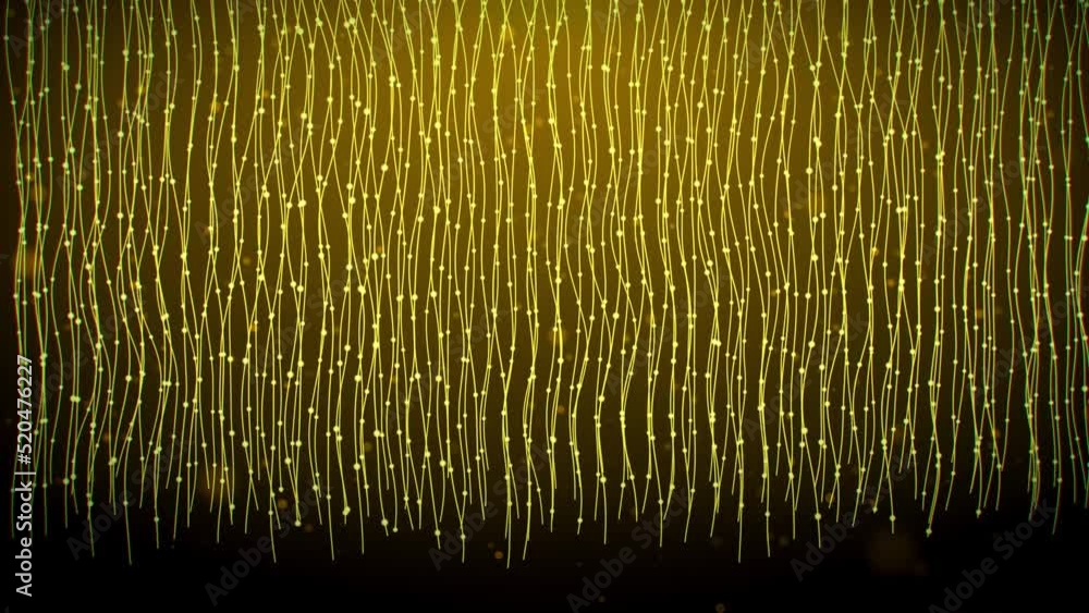 Poster abstract golden yellow swaying wavy dotted lines of thread curtain lines hanging with flying sparkle