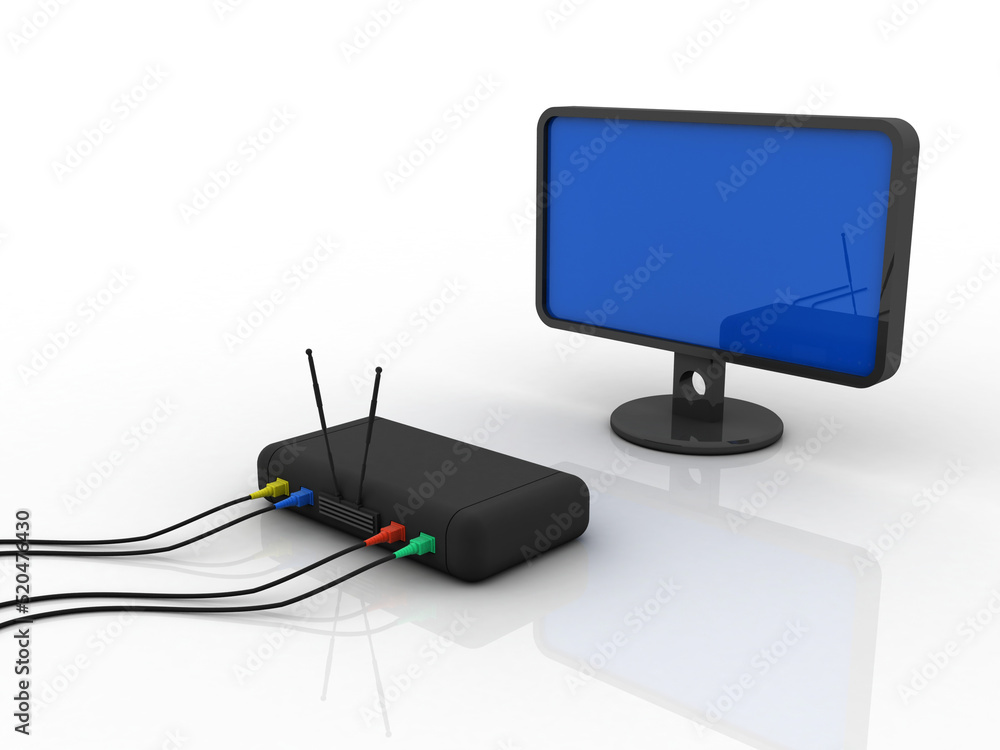 Poster 3d rendering Transmitter Wi-Fi modem with computer 