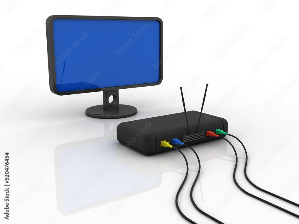 Poster 3d rendering transmitter wi-fi modem with computer