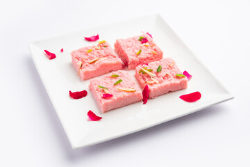 Rose Kalakand pink barfi or burfi also known as flavoured Mishri Mava Or Khoa Milkcake mithai