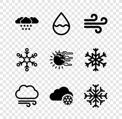 Set Cloud with snow, Water drop, Wind, Windy weather, and Snowflake icon. Vector