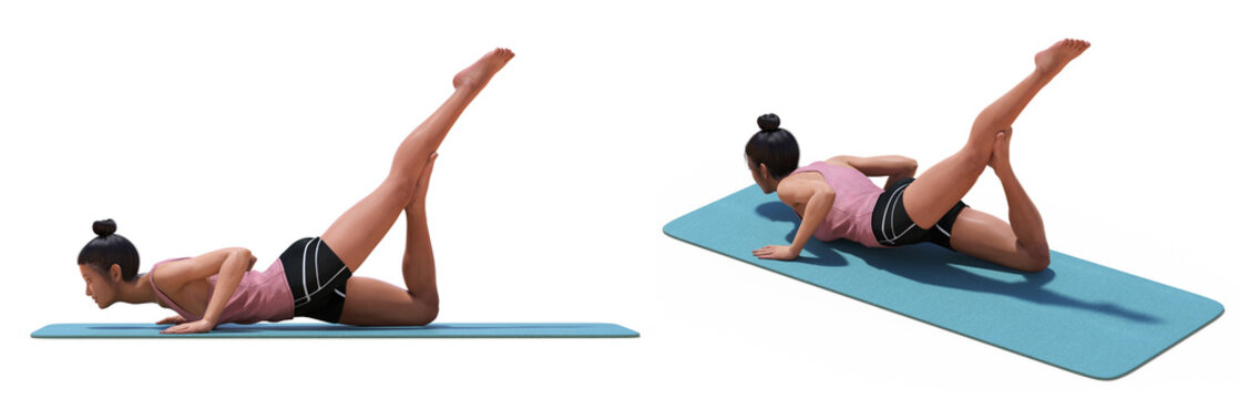 Back and Left Profile Poses of a virtual Woman in Yoga Flying Locust Pose on a Mat on white