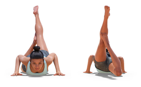 Front and Back Poses of a virtual Woman in Yoga Flying Locust Pose on white
