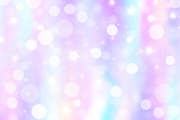 Obraz premium Rainbow unicorn background. Pastel gradient color sky with glitter and bokeh. Magic galaxy space and stars. Vector abstract parttern.