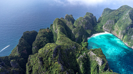 Aerial view of the Phi Phi islands. Crystal clear waters in Maya Bay
